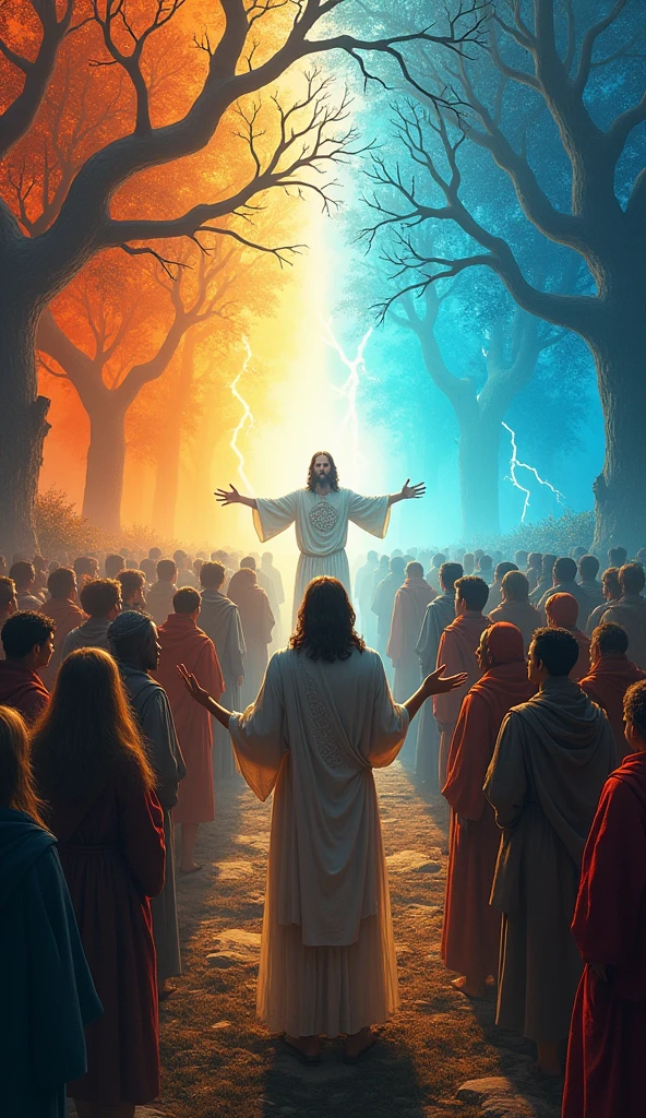 A surreal digital painting shows Jesus teaching people. On the left, people are afraid of his words. Jesus’ body displays intricate celestial patterns. Tree-root-like appendages in shades of orange, red and blue-gray, along with vivid grasses, flank the scene, creating a spooky atmosphere. The background splits into fiery amber on the left and electric blue on the right, with contrasting lighting effects reminiscent of lightning and electrical currents, adding to the surreal and dramatic mood of the scene.