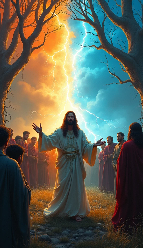 A surreal digital painting shows Jesus teaching people. On the left, people are afraid of his words. Jesus’ body displays intricate celestial patterns. Tree-root-like appendages in shades of orange, red and blue-gray, along with vivid grasses, flank the scene, creating a spooky atmosphere. The background splits into fiery amber on the left and electric blue on the right, with contrasting lighting effects reminiscent of lightning and electrical currents, adding to the surreal and dramatic mood of the scene.