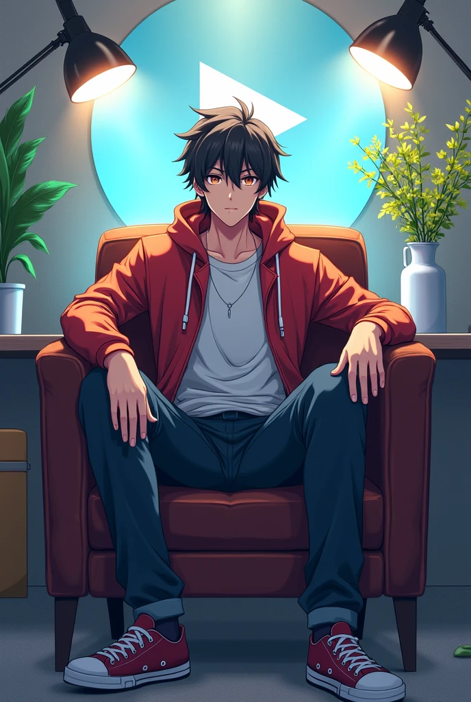 A Anime man character sit on chair in studios set up like tube Sensei image size 16:9 hang on silver play button back side computer and natural flower in jug change background and table computer flower in front side background side silver play button madel jo character hai use table ke back side rkho aur straight ho mujhe tube Sensei jaise anime character do jiske studios set up me table golden Play button green flowers and madel ho