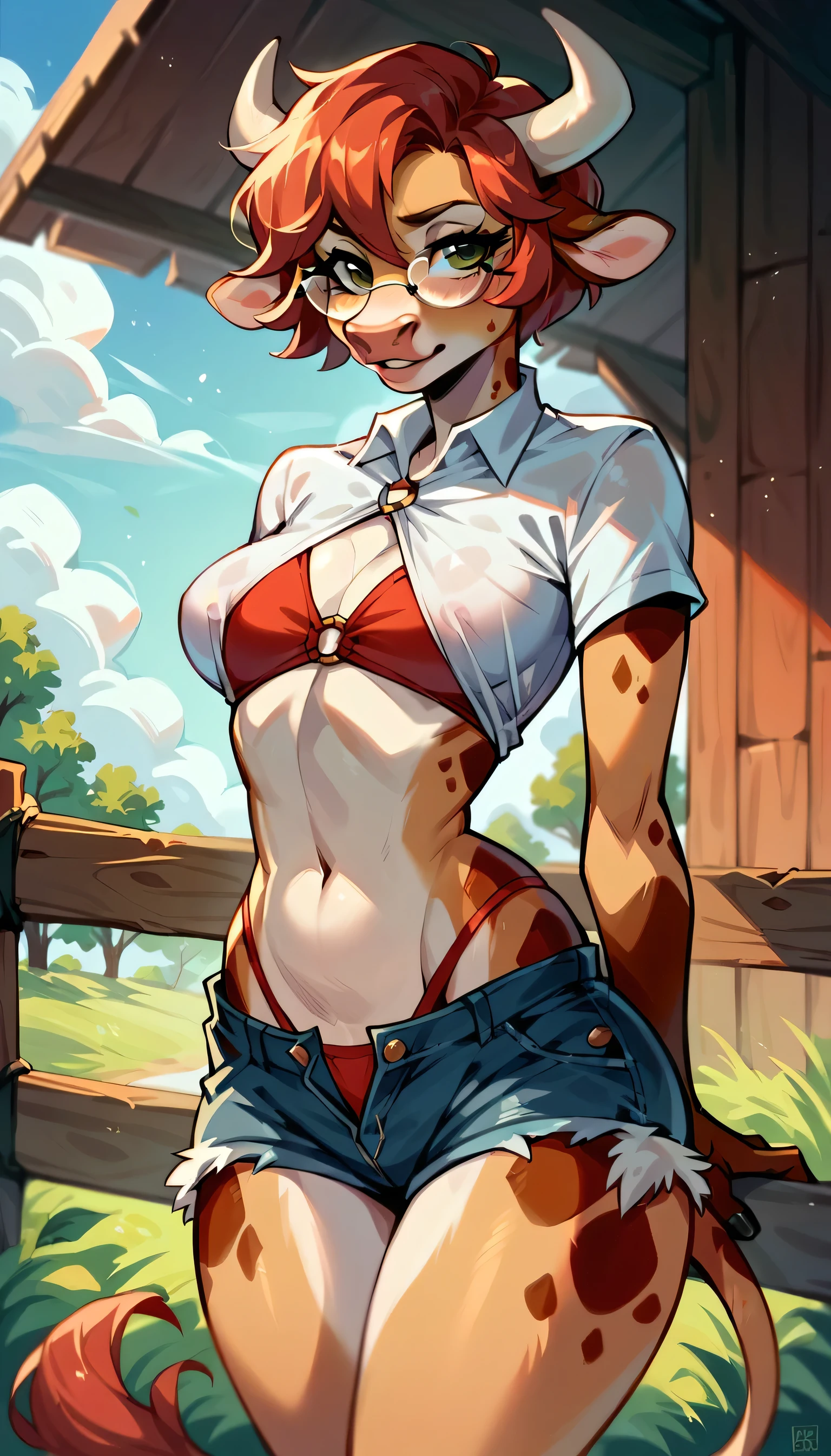 Fantasy Farm Attire, Revealing Farm Clothes, booty shorts, medium breasts, sexy bovine woman, Furry, spotted fur, short red hair, glasses, in barn,  