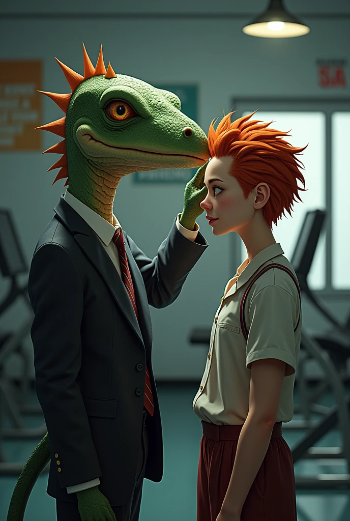 The image of two people in a gym.
A veteran boss with a very cynical and manipulative iguana face next to his young lackey with clown features and short hair.
The lackey is combing the boss&#39;s hair.