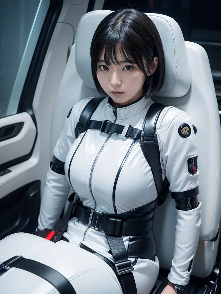 Japanese female android,Black Hair,Space capsule,The person is completely secured in the seat with the backrest reclined by a thick harness belt.,Plump,Spread your legs,Squat,Shiny white robot suit,Surrounded by switches and monitors,