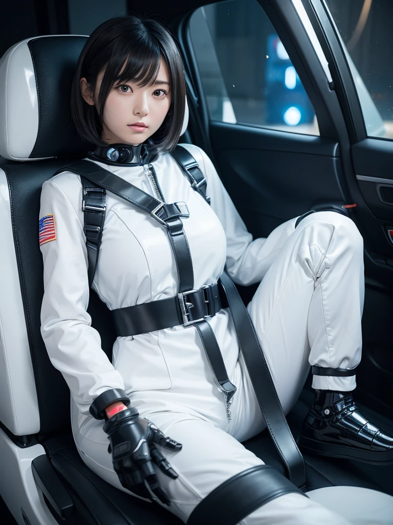Japanese female android,Black Hair,Space capsule,The person is completely secured in the seat with the backrest reclined by a thick harness belt.,Plump,Spread your legs,Squat,Shiny white robot suit,Surrounded by switches and monitors,