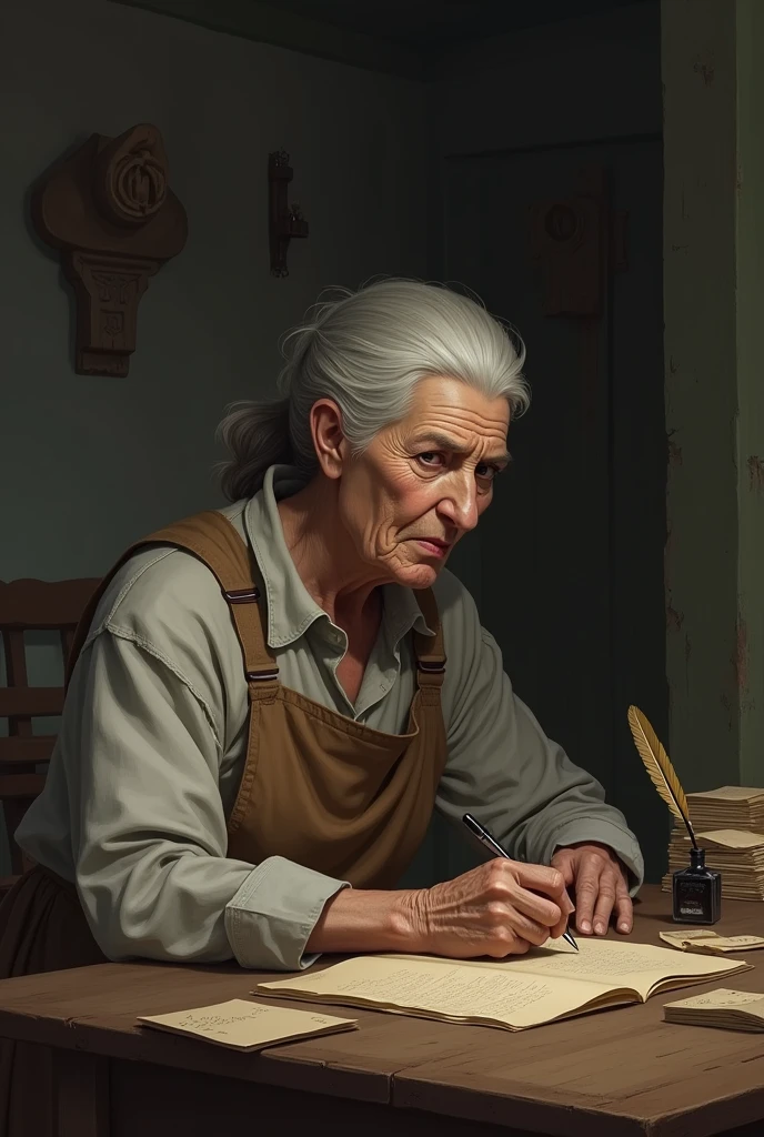 A simple kitchen, where Jandira, a humble looking old woman, with an apron tied around the waist, is sitting at the table, writing with concentration. next to her, a stack of old letters and an ink quill, while Jandira skillfully imitates Beatriz&#39;s handwriting. Jandira&#39;s expression is serious and calculating, with a shrewd and determined look.