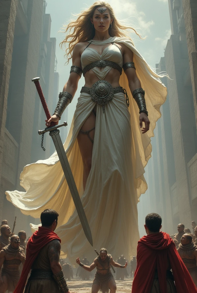 The woman is very tall, one day the men get involved with her and try to defeat her, the woman defeats them all and the men kneel.
