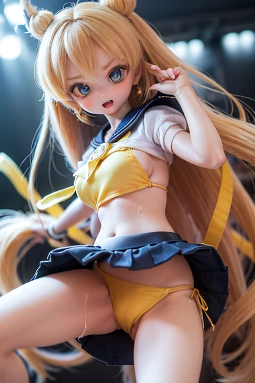 beautiful detailed girl with deep blown eyes, long blown  hair, exquisite facial features, extremely detailed, 8k, high quality, high resolution, in the class room,there are some evil boys as enemy students,sparkle,sailor-moon uniform with yellow colored ribbon,navy blue colored pleated skirt,detailed skin textures, satin fabric, glossy fabric, shine white tiny race bikini, ((wet bikini with gold colored water)),large breasts, photorealistic, studio lighting, hyper realistic, intricate details, vibrant colors, dynamic pose,open your legs,low angle snd close up her clotch,((flash light)),she is fighting with a lot of enemys