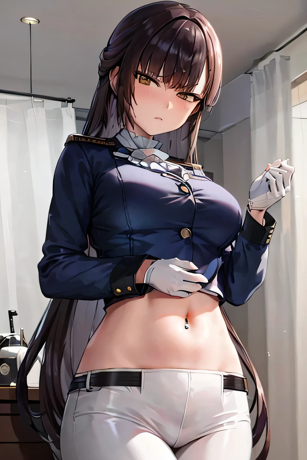 marciana \(nikke\),super fine illustration, vibrant colors, masterpiece, sharp focus, best quality, depth of field, cinematic lighting, ultra detailed,long hair, long sleeves, brown hair, white gloves, crop top, military uniform, navel piercing, tight pants, annoyed, looking down, 1girl, solo, brown eyes, blush, medium breasts, chestnut mouth, belly button, bellybutton, tummy, hand on own stomach, 
