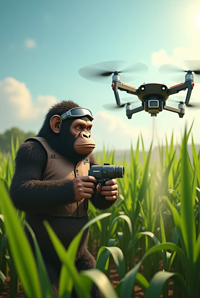 Ape piloting agricultural drone that applies chemicals to sugar cane