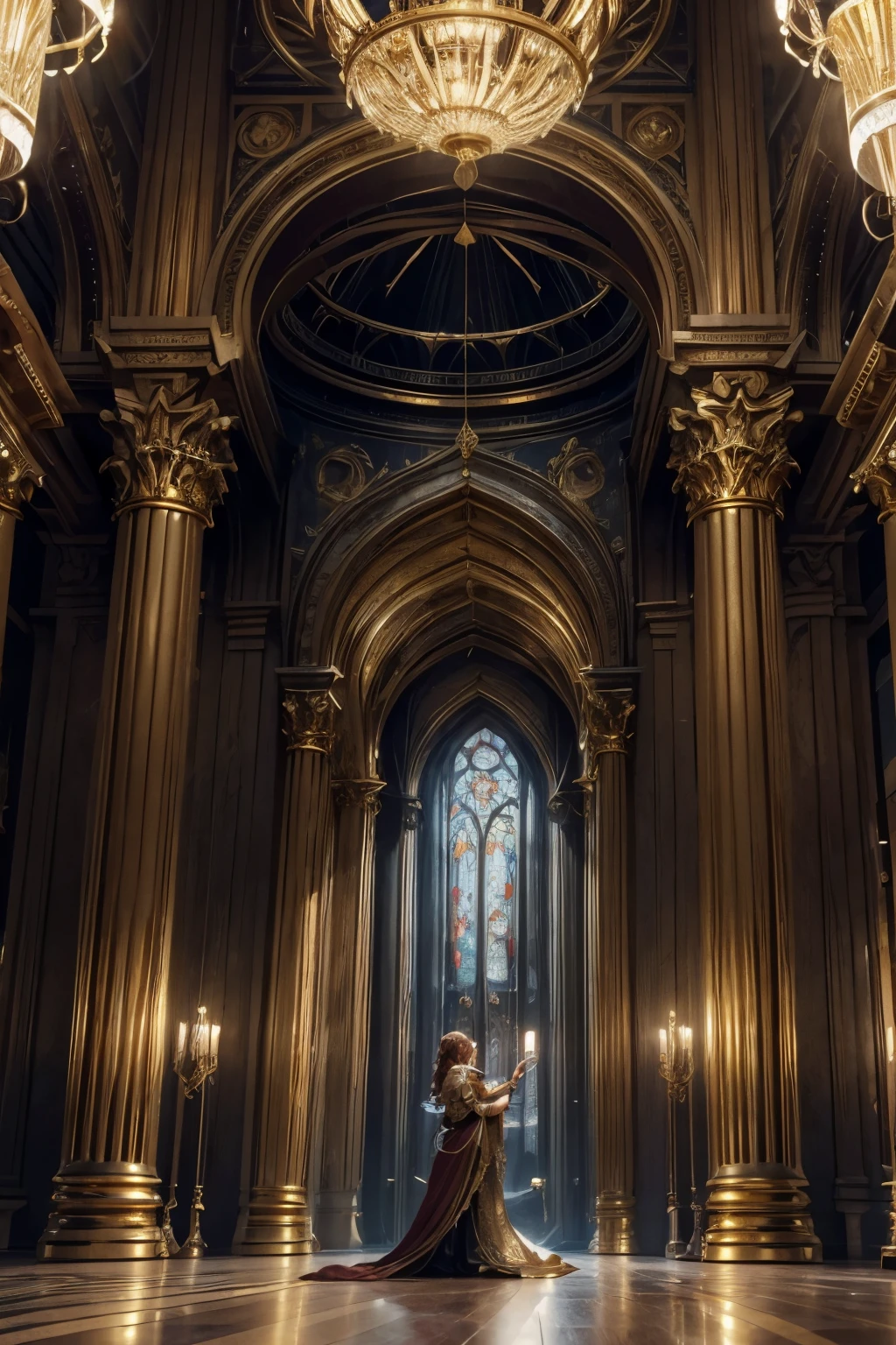 The image depicts an imposing woman in a setting reminiscent of a cathedral or grand royal hall., with luxurious gothic architecture. The central character has a serene and confident expression, with bright green eyes and wavy red hair that falls over her shoulders. She wears ornate armor, rich in gold and silver details, that covers your torso and shoulders, giving her the appearance of a noble warrior. The armor has intricate carvings, with arabesque patterns and symbols that suggest a mystical or religious meaning.

On the woman&#39;s shoulders, there is a white fur cape, adding a touch of majesty to your look. She holds, with both hands, a huge war hammer, whose head is meticulously decorated with bright inscriptions and symbols, suggesting that it is a magical or sacred weapon. The hammer emits a blue glow, as if imbued with energy.

Ao fundo, the room is filled with hanging chandeliers, full of lit candles, that gently illuminate the space with a warm, golden light. The columns and arches of the structure are richly decorated, with gold details that capture and reflect light, contributing to the solemn and powerful atmosphere of the scene.