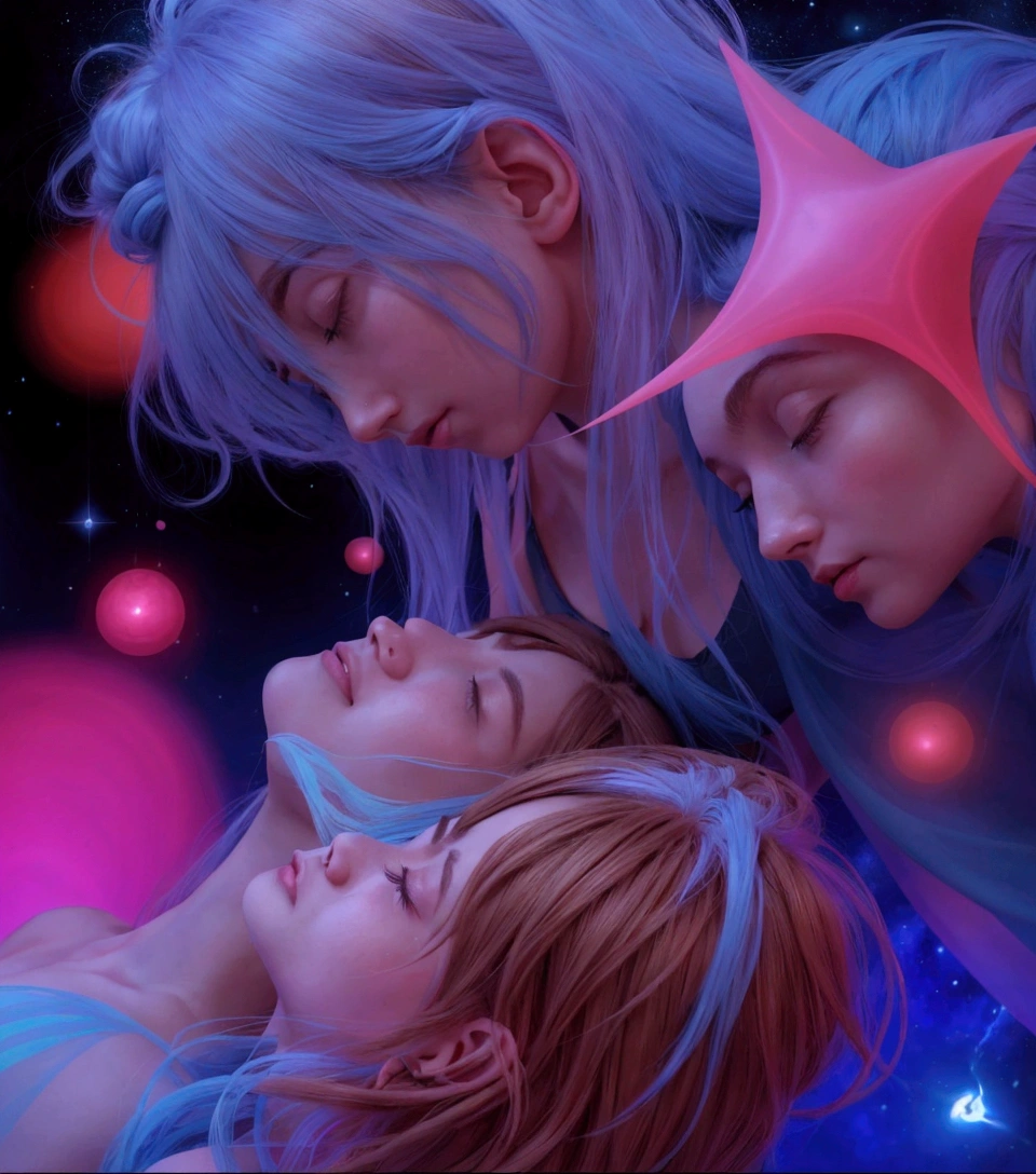 The angle and perspective imply a dynamic relationship between the two characters, making one appear slightly above the other. This angle can evoke a sense of closeness or even vulnerability, The character on the top has long, light blue hair that flows in a way suggesting motion or a gentle sway, giving them an ethereal and dreamy quality. Their gaze is intense and focused, possibly hinting at determination or curiosity, which creates a strong emotional connection with the viewer. They have sharp facial features that emphasize their distinctive and stylized appearance, common in character design, The character on the bottom has dark, possibly reddish-brown hair framing their face. This contrast with the lighter color of the character above creates visual balance and draws attention to their features. Their expression seems softer, with slightly closed eyes, suggesting a sense of serenity or trust, which enhances the emotional dynamic between the two, Abstract shapes and glowing lights in the background contribute to a sense of depth and movement, suggesting a cosmic or digital environment that enhances the fantasy aspect
