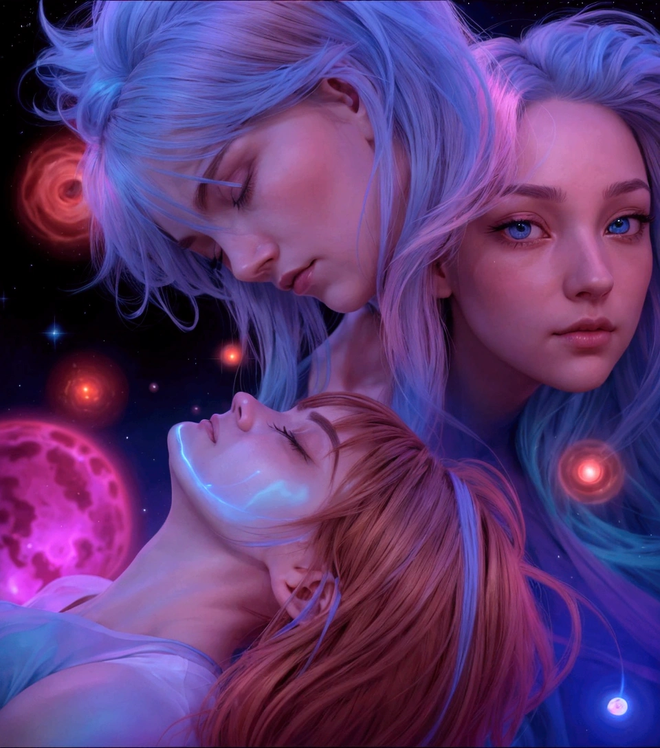 The angle and perspective imply a dynamic relationship between the two characters, making one appear slightly above the other. This angle can evoke a sense of closeness or even vulnerability, The character on the top has long, light blue hair that flows in a way suggesting motion or a gentle sway, giving them an ethereal and dreamy quality. Their gaze is intense and focused, possibly hinting at determination or curiosity, which creates a strong emotional connection with the viewer. They have sharp facial features that emphasize their distinctive and stylized appearance, common in character design, The character on the bottom has dark, possibly reddish-brown hair framing their face. This contrast with the lighter color of the character above creates visual balance and draws attention to their features. Their expression seems softer, with slightly closed eyes, suggesting a sense of serenity or trust, which enhances the emotional dynamic between the two, Abstract shapes and glowing lights in the background contribute to a sense of depth and movement, suggesting a cosmic or digital environment that enhances the fantasy aspect