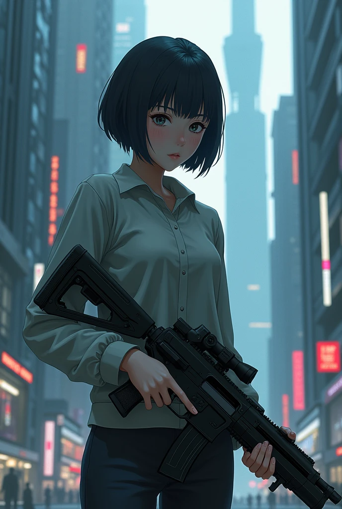 Depressed girl、Japanese、Black Hair、Bobcut、Holding a beam rifle from a robot anime、Future City、Real、Finish like a photo