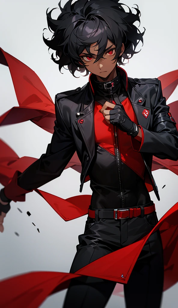 Image of a dark-skinned boy with curly black hair wearing a red open jacket showing his chest, black pants and wearing black fingerless gloves, Clothing design based on Sett&#39;s style