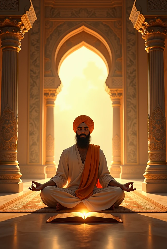 (photorealism:1.2), art of sikh saint meditating in inside golden temple amritsar  in front there is holy book in his hands