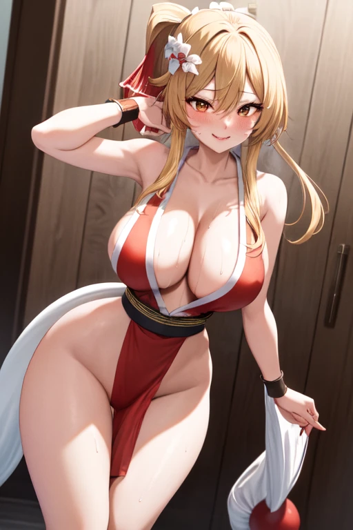 masterpiece, best quality, beautiful art, high resolution, well formed hands, body and fingers, 1 woman, solo, Lumine, red makeup, red lipstick,adult, grown up, cosplaying as Mai Shiranui , mai_shiranui_cosplay, adult, large and big breasted, cleavage, full body , hair ribbon, gorgeous legs and, thighs, sexy Japanese clothes, hair ornament , sexy and bare legs , hips and thighs, panties peek, dancing seductively and erotically, turning backwards and forwards, showing her back and front, shaking her body alluringly, red t back thong, smiling joyfully, sweating ,looking at the viewer, bouncing breasts, sweating, flirting, biting her lips, beach environment