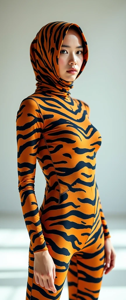tiger lycra turtleneck unitard catsuit and tiger lycra hijab for sale forthe most Beautiful Asian Muslimah women