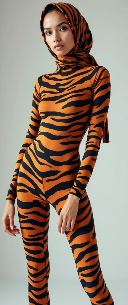 tiger lycra turtleneck unitard catsuit and tiger lycra hijab for sale forthe most Beautiful Asian Muslimah women