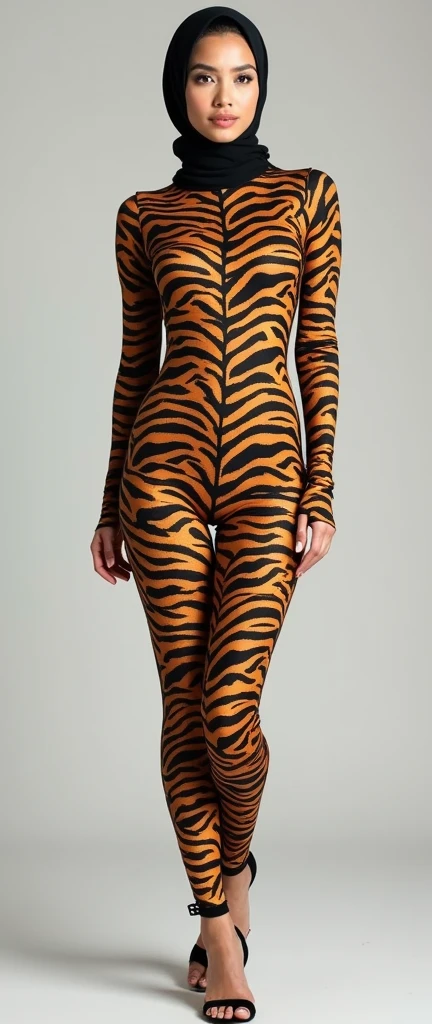 tiger lycra turtleneck unitard catsuit and tiger lycra hijab for sale forthe most Beautiful Asian Muslimah women