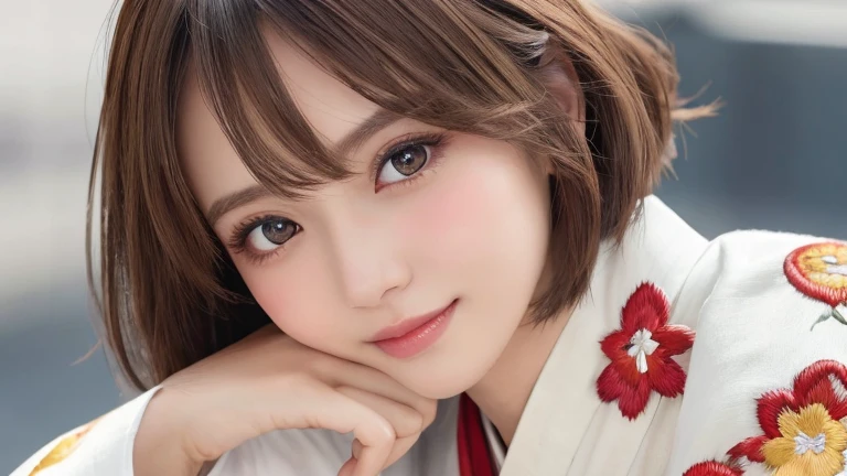 (8k, RAW Photos, Highest quality:1.2), (reality, reality:1.4), (Extremely detailed 8k wallpaper)、Sharp focus, Cinema Lighting, Beautiful Eyes in Every Detail, Asymmetrical bangs, Glowing Skin, Highly detailed skin ,High resolution, Attention to detail, Detailed hairstyle, Detailed beauty face, Hyper Real, Perfect limbs, Perfect Anatomy ,1 Japanese girl,Famous idols of Japan, Perfect female body,smile,short eyelashes,double eyelid、Look straight here,Stand up straight and face me, whole body ,,look straight at me,Streets of Europe、Tabletop、wallpaper、reality、Bright lighting、Professional Lighting、Face Light Smooth Lighting、Japanese women、Adult、Beautiful woman、action、gravure、sexly、so beautiful、Beautiful Skin、Beautiful and detailed、Detailed face、slim、moderately、((short hair))、((Brunette Hair))、Brown eyes、Looking into the camera、Small Bust、Pretty face,, smile, Blurred Background, 超High resolution, Backlight, Top-down angle,whole body、Accurate 5 fingers, software , Bony body, Japanese women, one person, Perfect body, 超Detailed face, Detailed lips, Beautiful Eyes, double eyelid, Light brown hair, Asymmetrical hair, Asymmetrical bangs, Messy Hair,(A luxurious white kimono in vibrant colors:1.3), (Gorgeous embroidered kimono:1.3)
