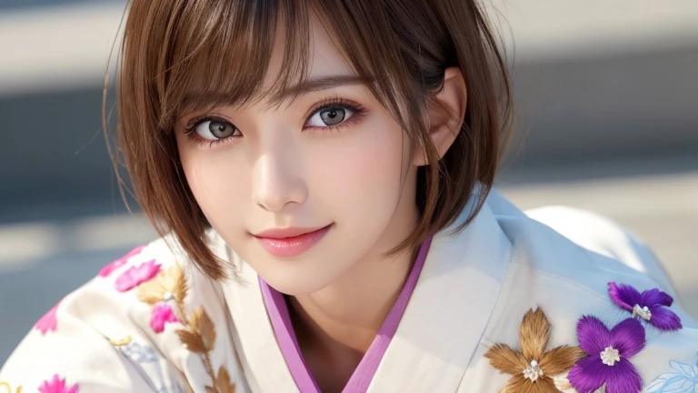 (8k, RAW Photos, Highest quality:1.2), (reality, reality:1.4), (Extremely detailed 8k wallpaper)、Sharp focus, Cinema Lighting, Beautiful Eyes in Every Detail, Asymmetrical bangs, Glowing Skin, Highly detailed skin ,High resolution, Attention to detail, Detailed hairstyle, Detailed beauty face, Hyper Real, Perfect limbs, Perfect Anatomy ,1 Japanese girl,Famous idols of Japan, Perfect female body,smile,short eyelashes,double eyelid、Look straight here,Stand up straight and face me, whole body ,,look straight at me,Streets of Europe、Tabletop、wallpaper、reality、Bright lighting、Professional Lighting、Face Light Smooth Lighting、Japanese women、Adult、Beautiful woman、action、gravure、sexly、so beautiful、Beautiful Skin、Beautiful and detailed、Detailed face、slim、moderately、((short hair))、((Brunette Hair))、Brown eyes、Looking into the camera、Small Bust、Pretty face,, smile, Blurred Background, 超High resolution, Backlight, Top-down angle,whole body、Accurate 5 fingers, software , Bony body, Japanese women, one person, Perfect body, 超Detailed face, Detailed lips, Beautiful Eyes, double eyelid, Light brown hair, Asymmetrical hair, Asymmetrical bangs, Messy Hair,(A luxurious white kimono in vibrant colors:1.3), (Gorgeous embroidered kimono:1.3)
