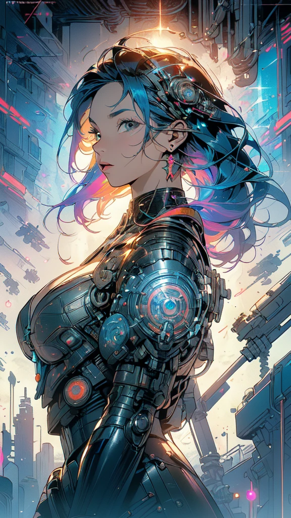 (((masterpiece, highest quality))),(((solo:1.2))),(((1girl:1.2))),32k wallpaper, very detailed, poster, vintage science fiction,(((((geometric cinematic movie poster))))), ((((bauhaus)))),(((abstract))),((((mid century modern)))),(((((portfolio))))),(((((Close-up))))),(((((bust up))))),((((more various angle)))),(((highlight))),(((complete. detailed face))),(((Extremely talented))),(((most complecated machine))),(((Overall colorfully))),((((((Absolutely simple background)))))),(((((detailed futuristic machine))))),(((Cleavage))),(((marvel super heroes))),(((rainbow color scheme))),(((Very detailed UI))),(((So many meters))),(((Perpetual Motion Machine)))