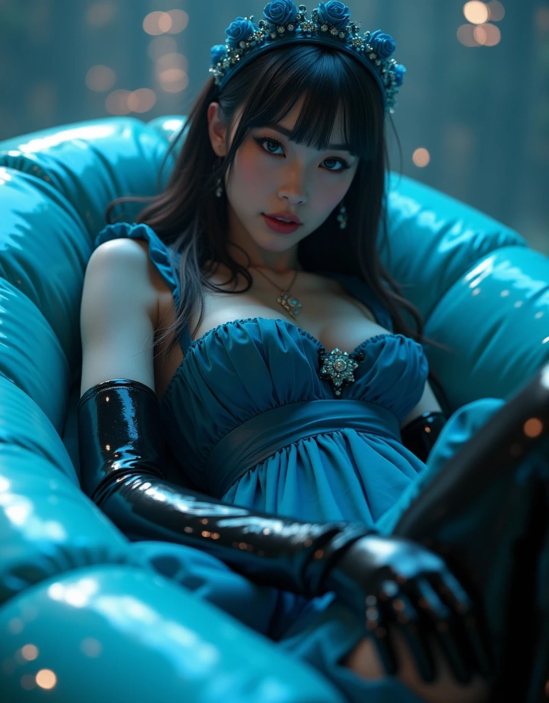 (masutepiece:1.0), (Best Quality:1.4), (A high resolution:1.2), (Photorealistic:1.4),(from below:1.5), (8K, Raw photo:1.2), (Soft Focus:1.4), girl wearing Translucent maid body dress, full body lesbian, full body latex suit, wear gothic ta, Slime skin, smooth tight, (translucent blue latex maid dress :1.5), (the shiny leather black gloves:1.4), translucent skin, Smooth long hair, Translucent body, shiny latex , The perfect gloves for skin, shiny reflective, gal make up, Glossy skin, goddess, latex is shiny, Slimy, (translucent black latex boots:1.5), detailed background, full body wrap by plastic film, lying in latex vacuum bed, vacuum confinement, Sci-fi style background.