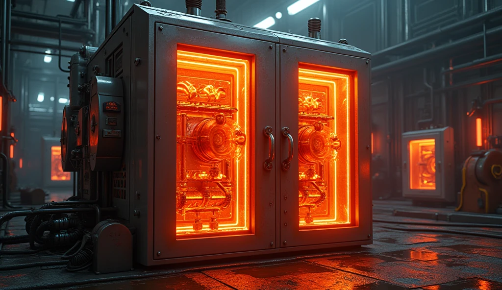 a large industrial electrical control box, glowing with an orange-red light, a square shape, with two holographic light panels spinning around the control box, electrical power elements, high-tech futuristic, 8k, photorealistic, cinematic lighting, detailed machinery, industrial design, advanced technology, complex circuitry, intricate details, metallic surfaces, gritty industrial, moody atmosphere