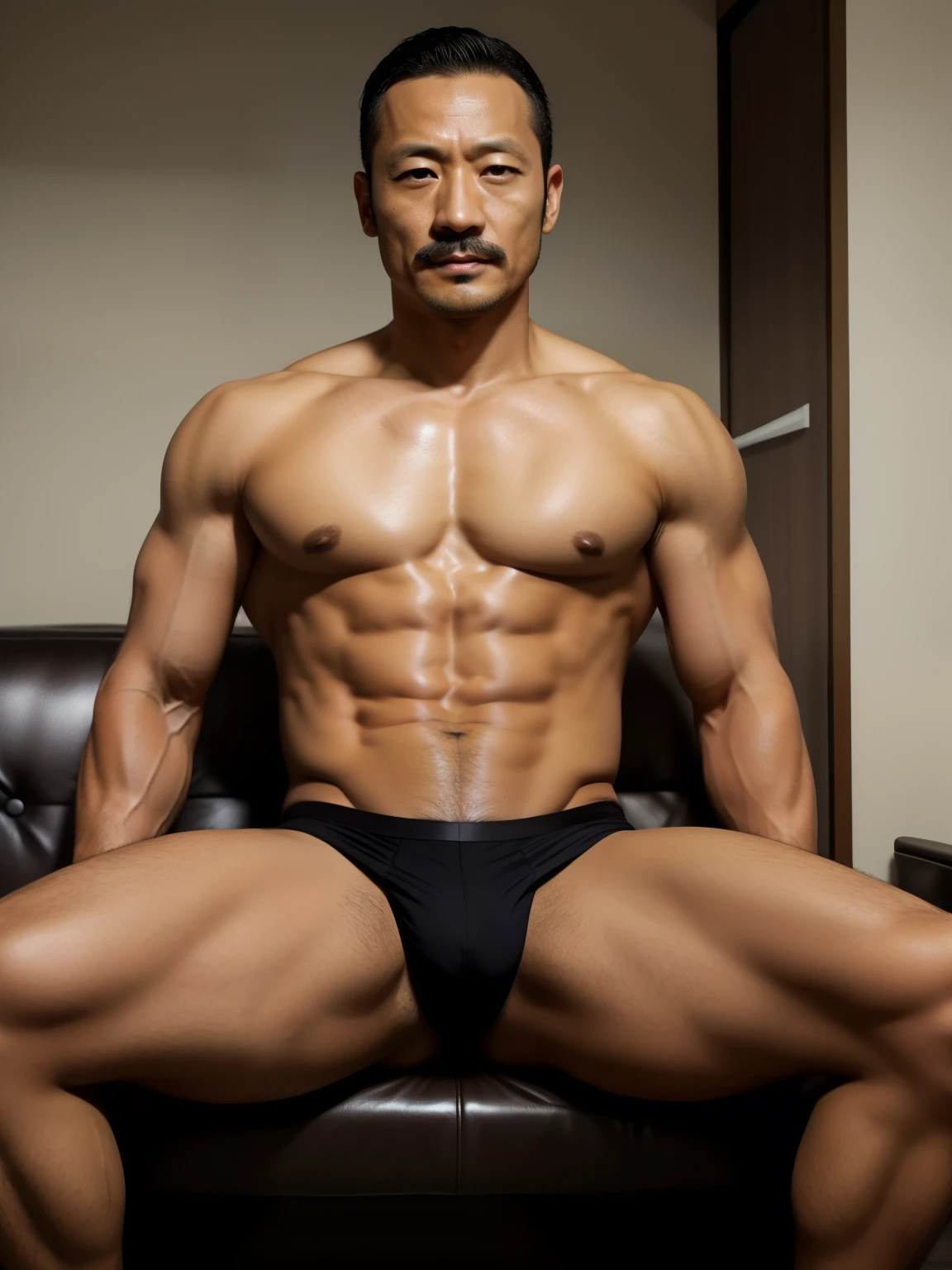 40 years old，Hidetoshi Nakata，（Kogoro Mori 1.3），whole body，Lean，muscle，office，boss，black，foot，Suit，transparent袜子，foot抬起，sofa，Baldhead ，transparent，Thick body hair，underwear，Topless，Densely hairy，Fortitude，HD，With a mustache