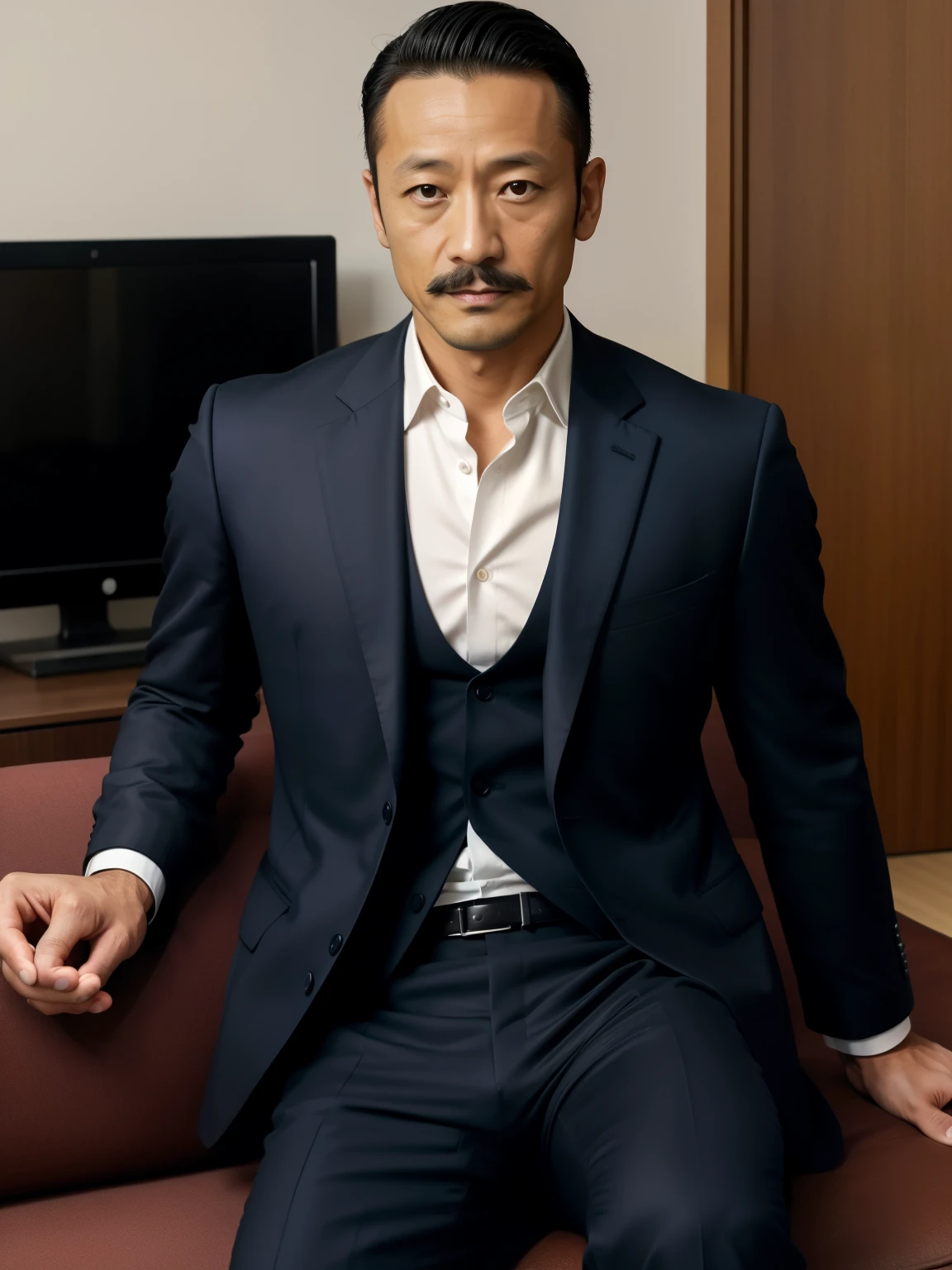 40 years old,Hidetoshi Nakata,(Kogoro Mori 1.3),whole body,Lean,muscle,office,boss,black,foot,Suit,transparent袜子,foot抬起,sofa,Baldhead ,transparent,Thick body hair,underwear,Topless,Densely hairy,Fortitude,HD,With a mustache