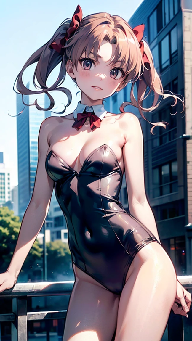 (Highest quality, 8k, masterpiece, Best image quality,  Ultra HD, Delicate and smooth skin, Realistic Skin, Perfect and beautiful face ,Perfect and pretty face, Skin with attention to detail, Perfect limbs、Tight waist、Thin legs)、Tokiwadai  High School Clothing、Red bow tie、A strong smile、Twin tails、In a bright city、