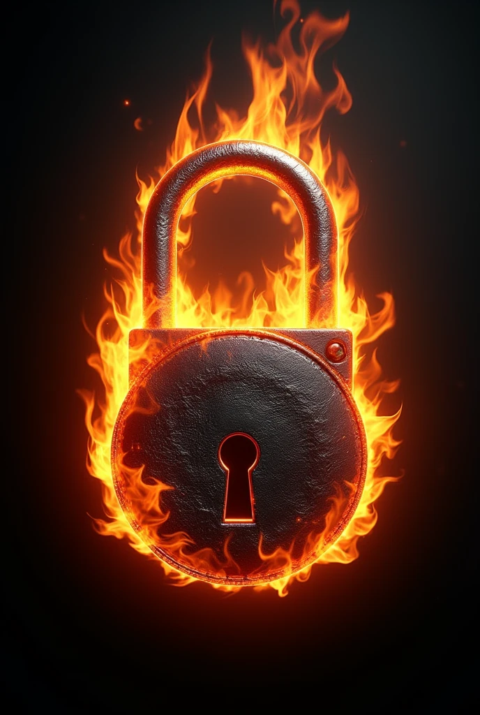 padlock, with a black background, that has flames around it to make it look intense and passionate, el color del padlock que esté hecho de llamas