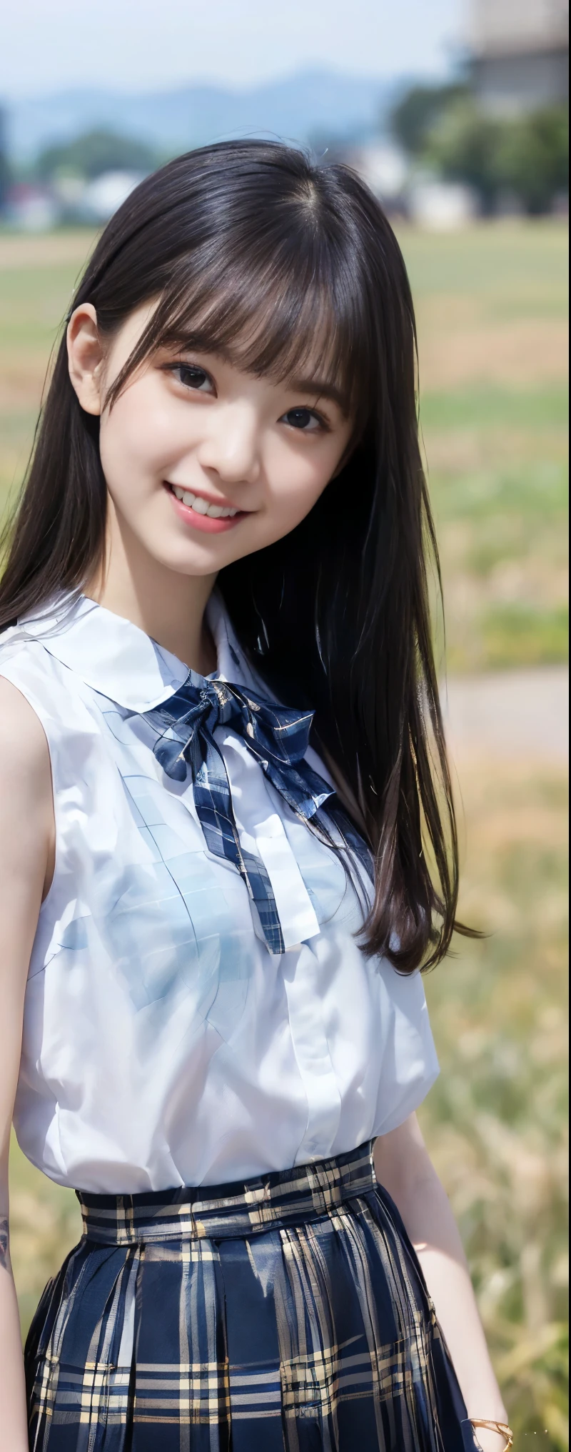 (Highest quality, masterpiece:1.2), Highest quality, Realistic, photograph, High resolution, 1080P, 8k, Physical Rendering, ((height: 155cm、Slim and slender style、medium firm chest)), ((((((Beautiful fashion models featured in Japanese fashion magazines。、Look directly at the viewer)))))), (((big, Very fine, Beautiful dark brown eyes))), ((((Everyone loves me、They are Laughter at me.!)))), Detailed fingers, (((length, Curled bangs))), ((((Very noble and cute eyes, Every detail is carefully drawn)))), ((double eyelid)), (((length eyelashes))), ((cute、Adorable、Adorable、Laughter、Laughter頬)), ((. Her eyes and the white skin of her face are beautifully white...........)), (((((Her face is very expressive、With a noble smile。, Very fun smiling beauty, Very clever smile))))), ((((A striking plain navy large school ribbon bow tie)))), ((((In the strong wind、Her beautiful long black hair was flowing。、Fluttering Hair)))), (((((((She is wearing a formal long pleated skirt..., Blue and navy tartan check, ))))))), ((((The size is a bit small、She is wearing a white sleeveless shirt with a gold emblem)))), ((As elegant as a noble princess)), ((Tight waist((((((Very close))))))、((((((Summer memories of three high school girls)))))、Shortcut Straight Hair