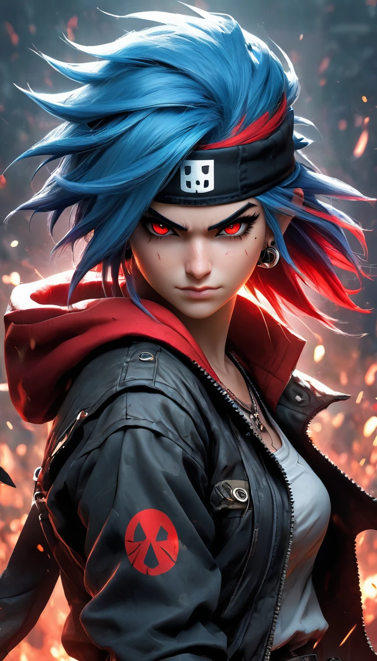 1boy,The image portrays a stylized,animated character with striking blue hair,sharp red eyes,and a confident expression. he wears a black baseball cap with a red symbol,a camouflage jacket,and a silver pendant around her neck. Behind her,there's a hint of a blade or weapon,suggesting a warrior or combatant theme. The backdrop is a vibrant red,which contrasts with her attire,making her stand out,, masterpiece,best quality,