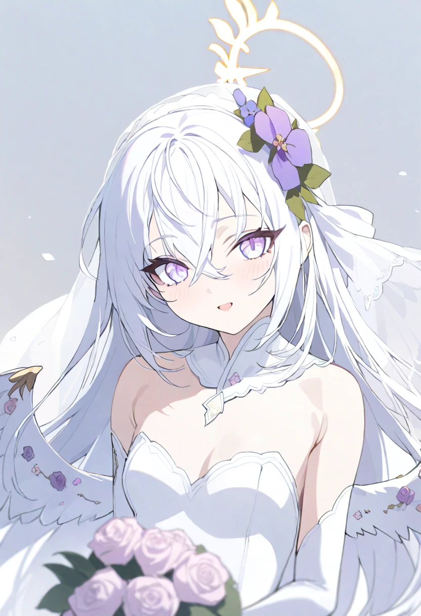 azusa \(blue archive\), 1girl alternate_costume alternate_hairstyle bare_shoulders blue_flower blush bouquet braid braided_ponytail breasts bridal_gauntlets bridal_veil bride cleavage crossed_bangs dress eyelashes flower hair_between_eyes hair_flower hair_ornament halo hand_up happy holding holding_bouquet holding_own_hair long_hair looking_at_viewer low_wings open_mouth purple_eyes rose simple_background single_braid small_breasts smile solo strapless strapless_dress tsurime upper_body veil very_long_hair wedding_dress white_background white_bridal_gauntlets white_dress white_flower white_hair white_rose white_wings wings yellow_halo masterpiece, best quality