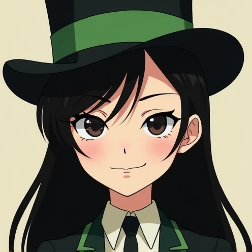 close-up silly anime girl with long, black hair wearing a black top hat with a green band. she is also wearing a black and green suit. she is tall and slender. she is smiling smugly at the viewer. timeframe is from around the 1920s-30s.

(aspect ratio = 4:3)