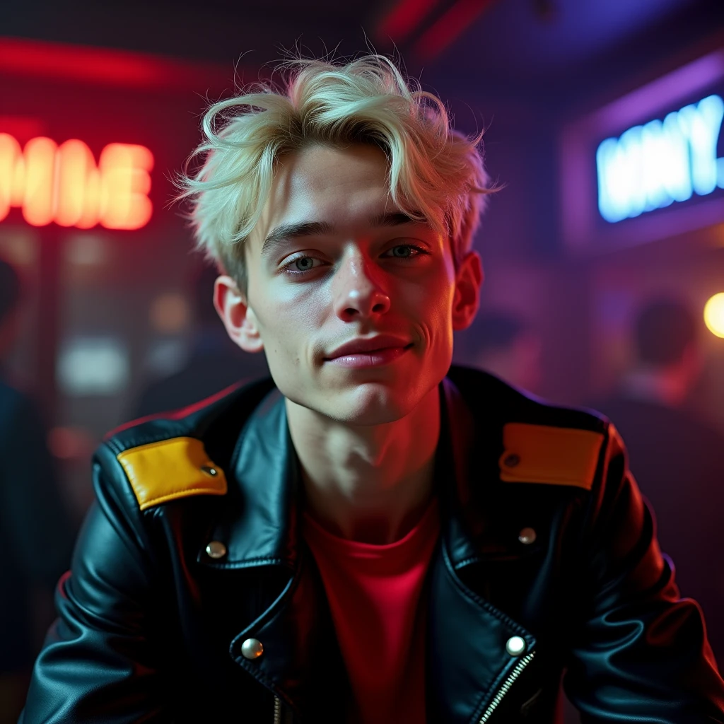 photograph portrait shot, attractive 22 year-old male model, short platinum blond layered textured hair, long layered side swept bangs hair, vibrant blue eyes, boy face, skinny svelte body, smirking expression, almond shaped eyes, very pale skin tone, black leather jacket with yellow accents on shoulders, red shirt, inside private underground club, dim lighting, neon lighting, cinematic