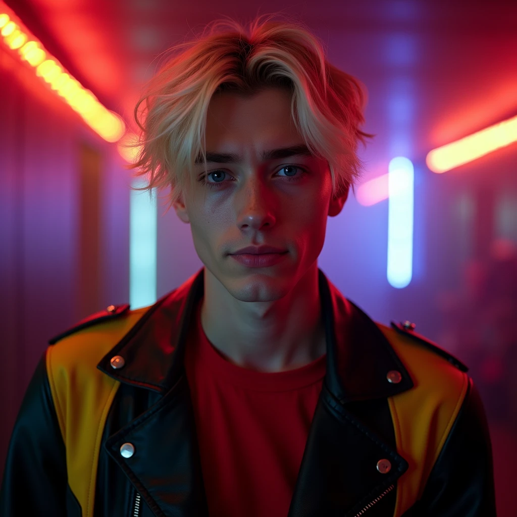 photograph portrait shot, attractive 22 year-old male model, short platinum blond layered textured hair, long layered side swept bangs hair, vibrant blue eyes, boy face, skinny svelte body, smirking expression, almond shaped eyes, very pale skin tone, black leather jacket with yellow accents on shoulders, red shirt, inside private underground club, dim lighting, neon lighting, cinematic