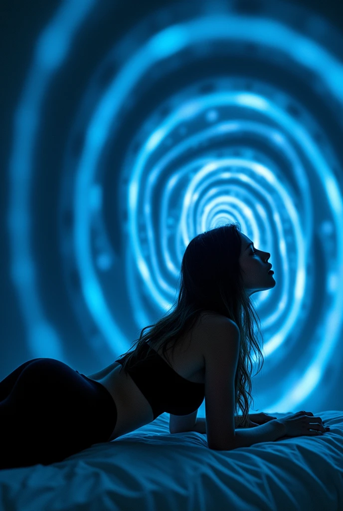 A beautiful woman, sexy butt, black legging, tank top, Crawling while staring at the wall, the wall he was looking at gave off a blue spiral, in the bedroom, she looked at the wall more closely, when she saw the wall her eyes became blue spirals, she was hypnotized, she licked the wall with the spiral image, she kissed the wall hard, she licked the wall with the spiral image hard, she prostrated himself and worshiped the wall, she lay on his back, and felt lust, shenfelt horny, she held her pussy, she held her pussy, and inserted her finger into her vagina, she plays with her pussy, she came out of her room on all fours, her eyes burning blue spirals