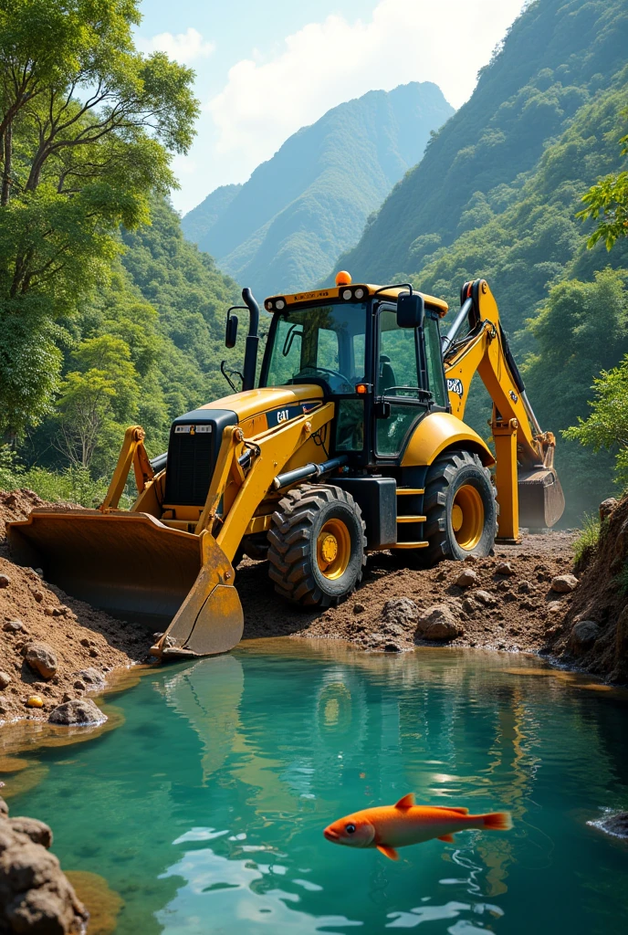 Caterpillar 416 F2 backhoe tractor making a pool of water with Myleus Pacu fish swimming in the lagoon . These works are being done in mountainous areas of the Amazon where there are trees with scientific names "theobroma cacao " , Citrus and banana trees with fruits are around the lagoon