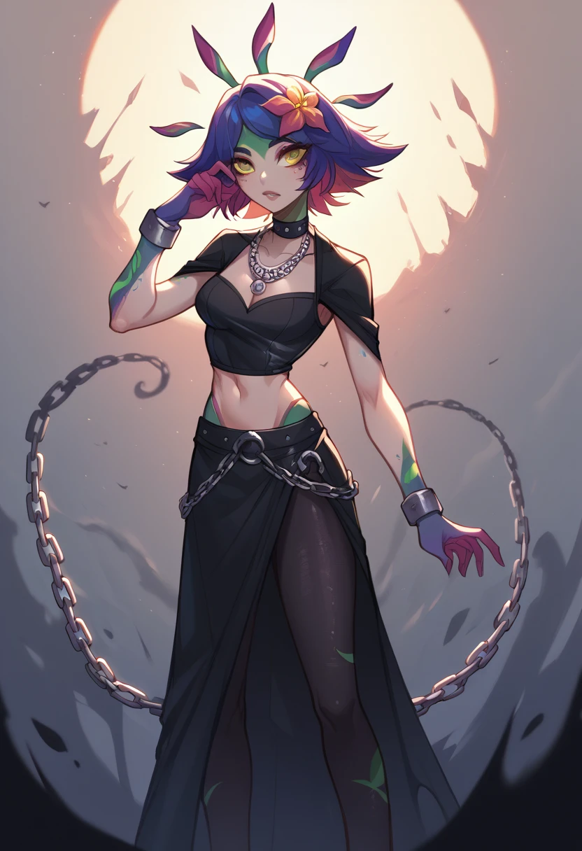 neeko in an Underworld landscape and dressed in a sexy gothic black outfit, with black tights and skirt with chains and revealing (whole body) 