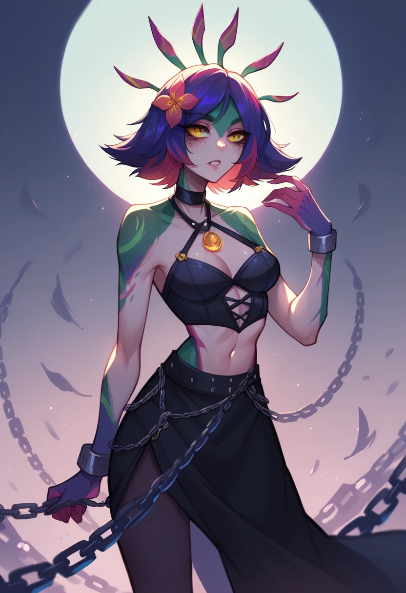 neeko in an Underworld landscape and dressed in a sexy gothic black outfit, with black tights and skirt with chains and revealing (whole body) 