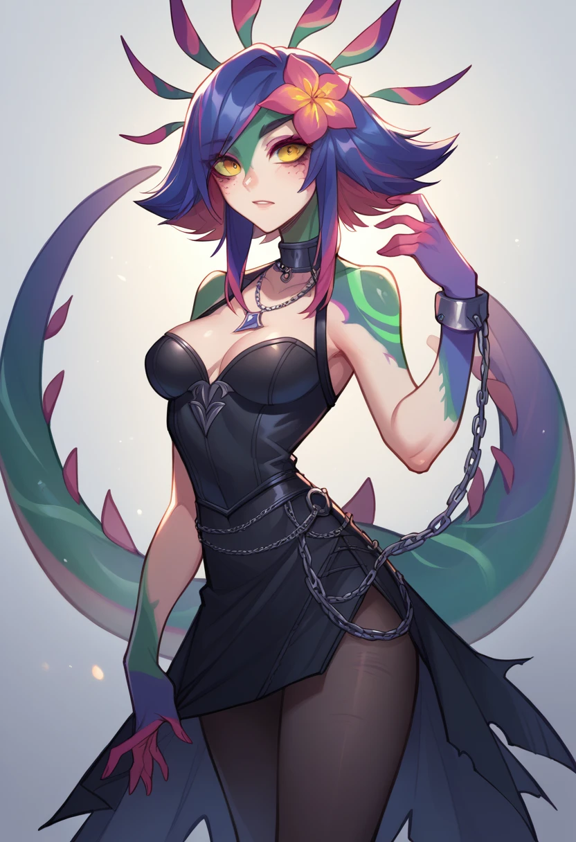 neeko in an Underworld landscape and dressed in a sexy gothic black outfit, with black tights and skirt with chains and revealing (whole body) 