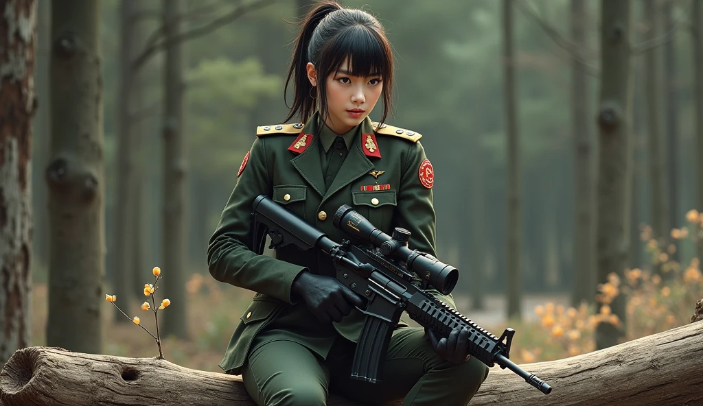 (Ponytail forehead hair pulled back:1.3), woman in uniform holding a rifle sitting on a log, from frontline girls, fine details. frontline girls, anya from the spy family x, frontline girls universe, Shinichi Makoto, frontline girls style, frontline girls, frontline girls cg, yaoi kasuma,