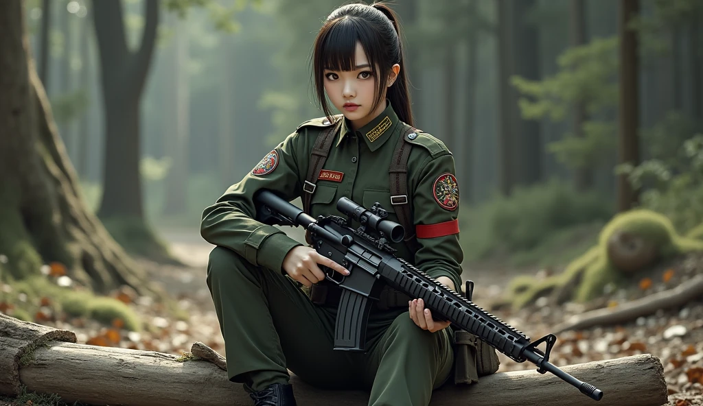 (Ponytail forehead hair pulled back:1.3), woman in uniform holding a rifle sitting on a log, from frontline girls, fine details. frontline girls, anya from the spy family x, frontline girls universe, Shinichi Makoto, frontline girls style, frontline girls, frontline girls cg, yaoi kasuma,