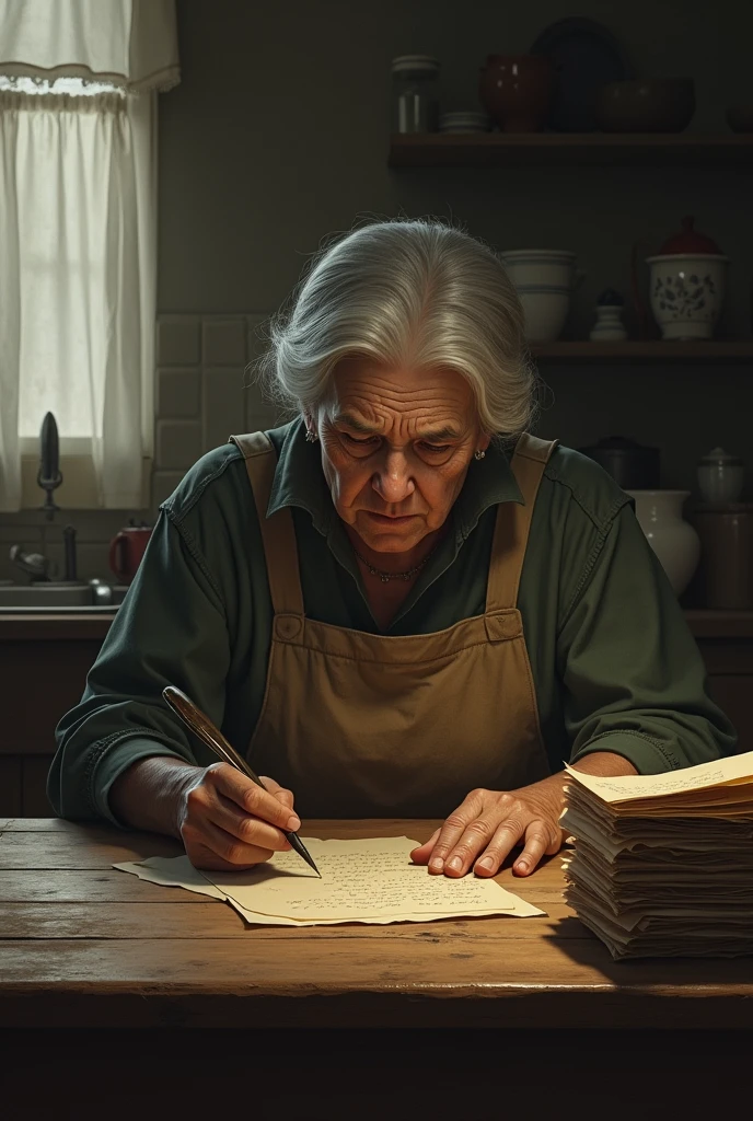 A simple kitchen, where Jandira, a humble looking old woman, with an apron tied around the waist, is sitting at the table, writing with concentration. next to her, a stack of old letters and an ink quill, while Jandira skillfully imitates Beatriz's handwriting. Jandira's expression is serious and calculating, with a shrewd and determined look.