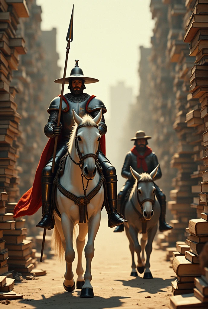 Don Quixote of La Mancha on his white horse with a Spanish helmet and a lance and Sancho Panza with his hat on his grey mule among books walking backwards towards the horizon