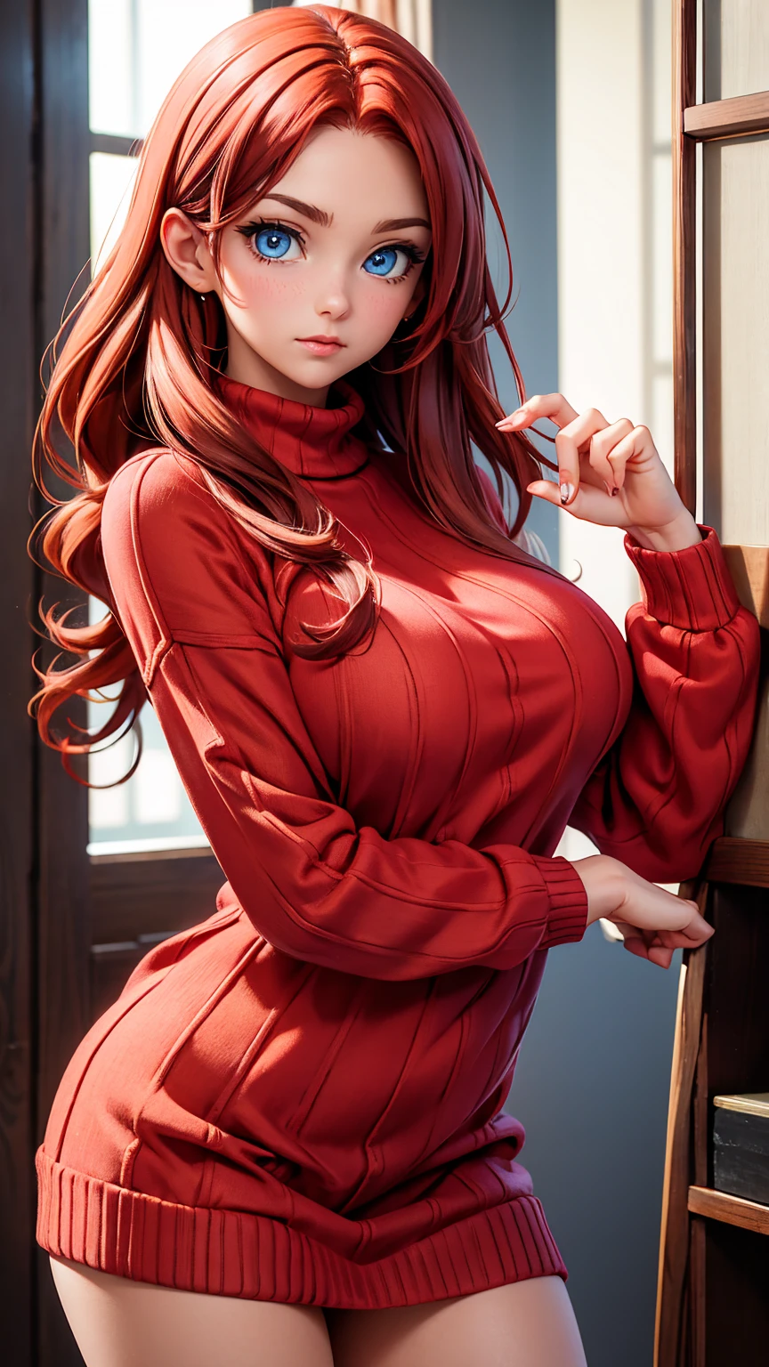 Woman, big breasts, red hair, blue eyes, transparent sweater, small chin  