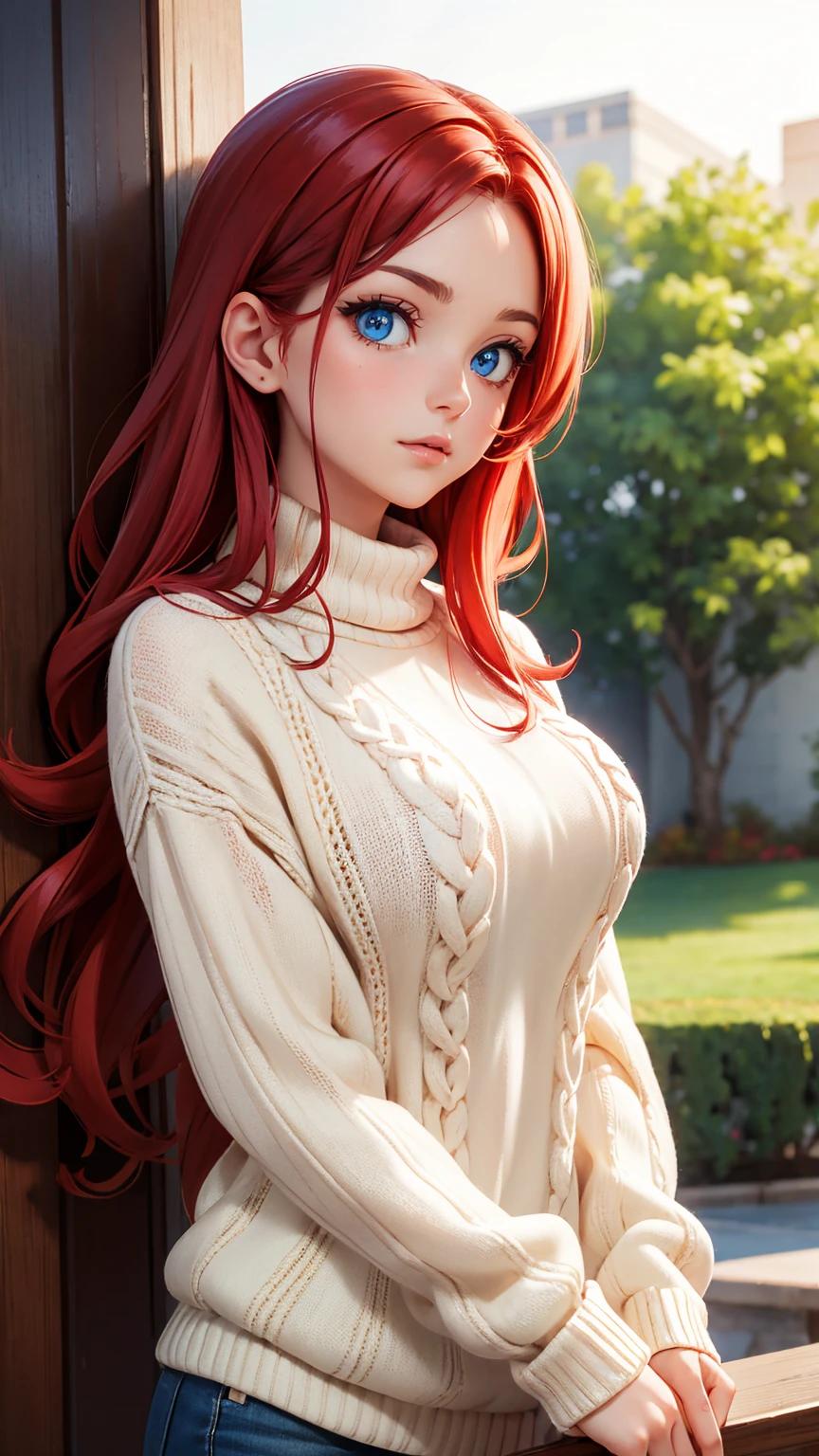 Woman, big breasts, red hair, blue eyes, transparent sweater, small chin  