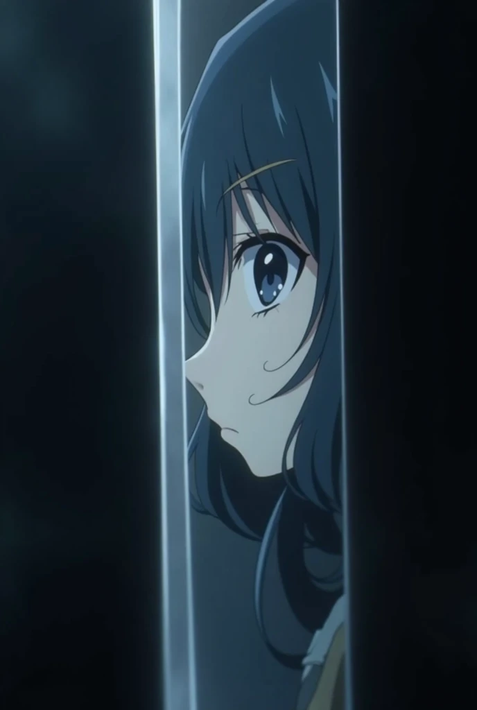 A close-up image of a sword blade, with its surface slightly dull yet reflective enough to capture a faint, ethereal reflection. The reflection shows a beautiful woman in anime style, her features delicate and serene. She has large, expressive eyes and long, flowing hair that frames her face gracefully. Her expression is calm and almost melancholic, as if lost in deep thought. The sword’s surface is not perfectly clear, giving the reflection a slightly blurred, dreamy quality. The background is dark, allowing the subtle reflection and the details of the woman’s face to stand out against the cold, metallic sheen of the blade. The focus is on the interplay between the sharpness of the sword and the soft, gentle beauty of the reflected woman.