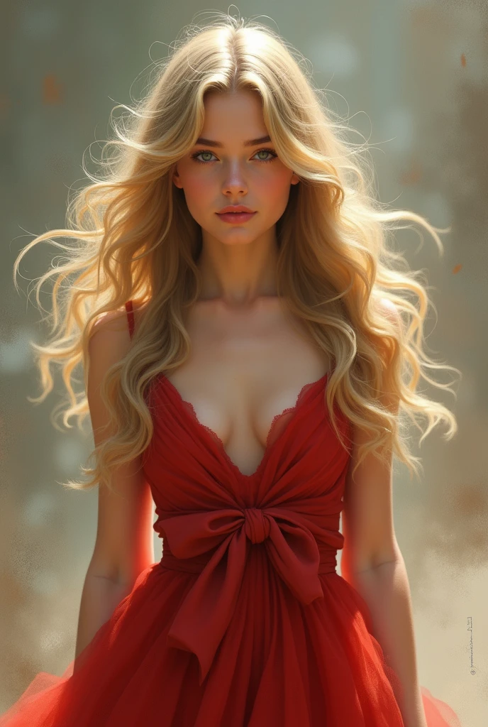 A girl with big wavy blond hair in a red dress